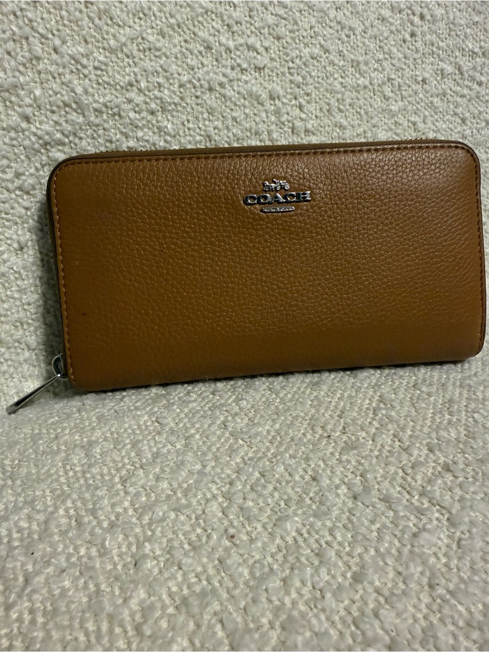 Coach Tan Pebbled Leather Zip Wallet with Silver Logo